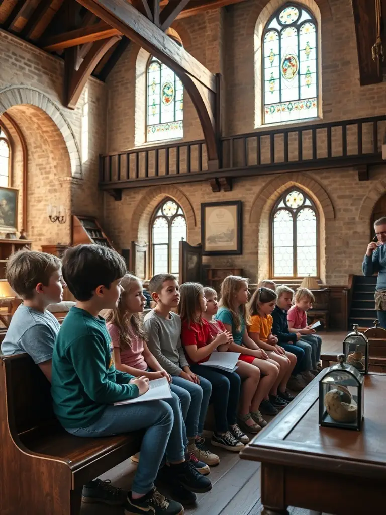 A vibrant image of a group of children participating in a heritage-themed educational program in a historical building in Le Lonzac.