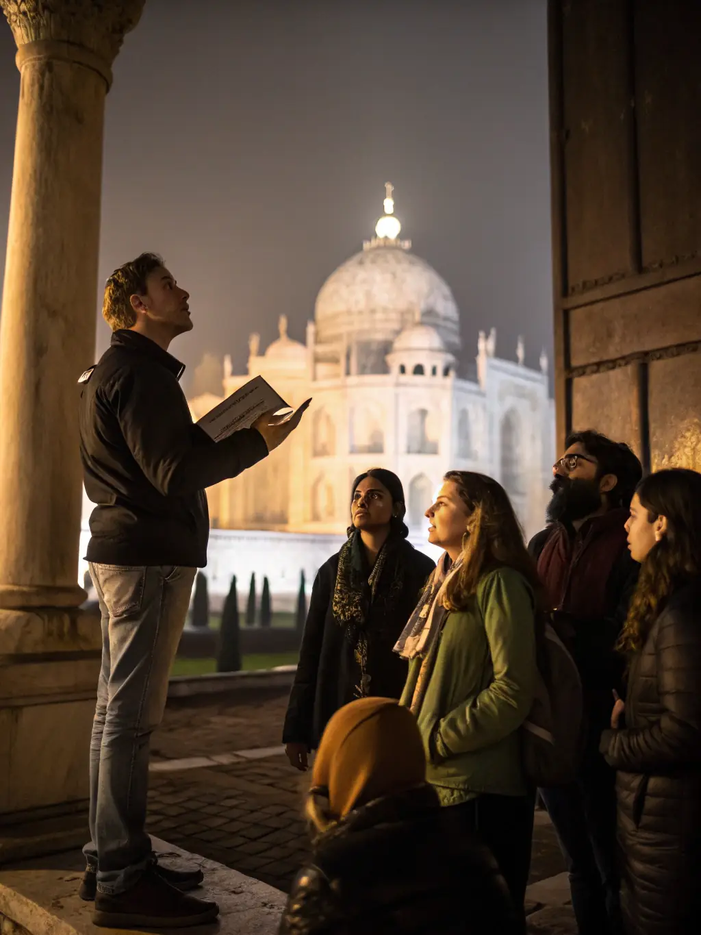 A vibrant image of a guided tour through a historical site, with participants listening attentively to the guide's explanations about the site's significance.