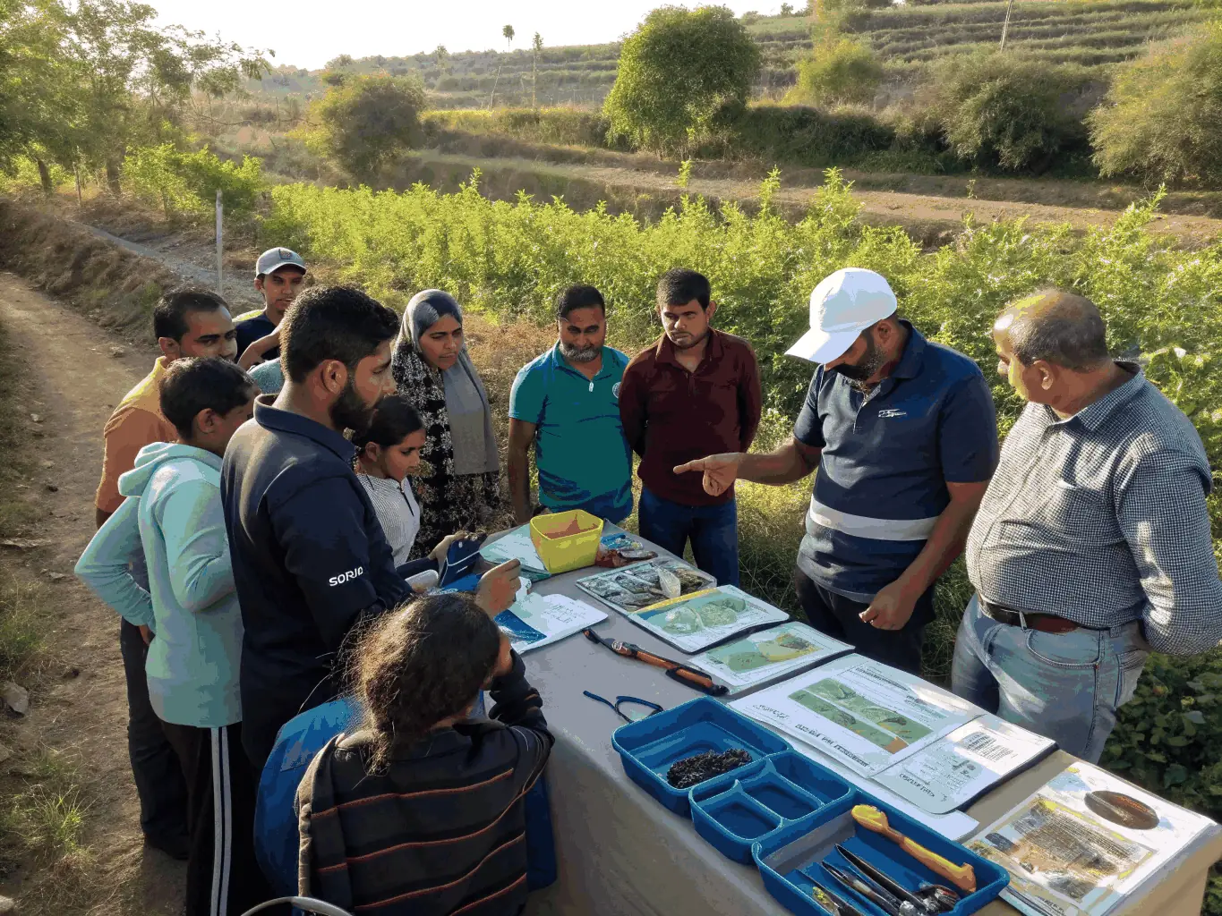 A photograph of participants in a heritage workshop learning about traditional building techniques and the importance of preserving local materials.