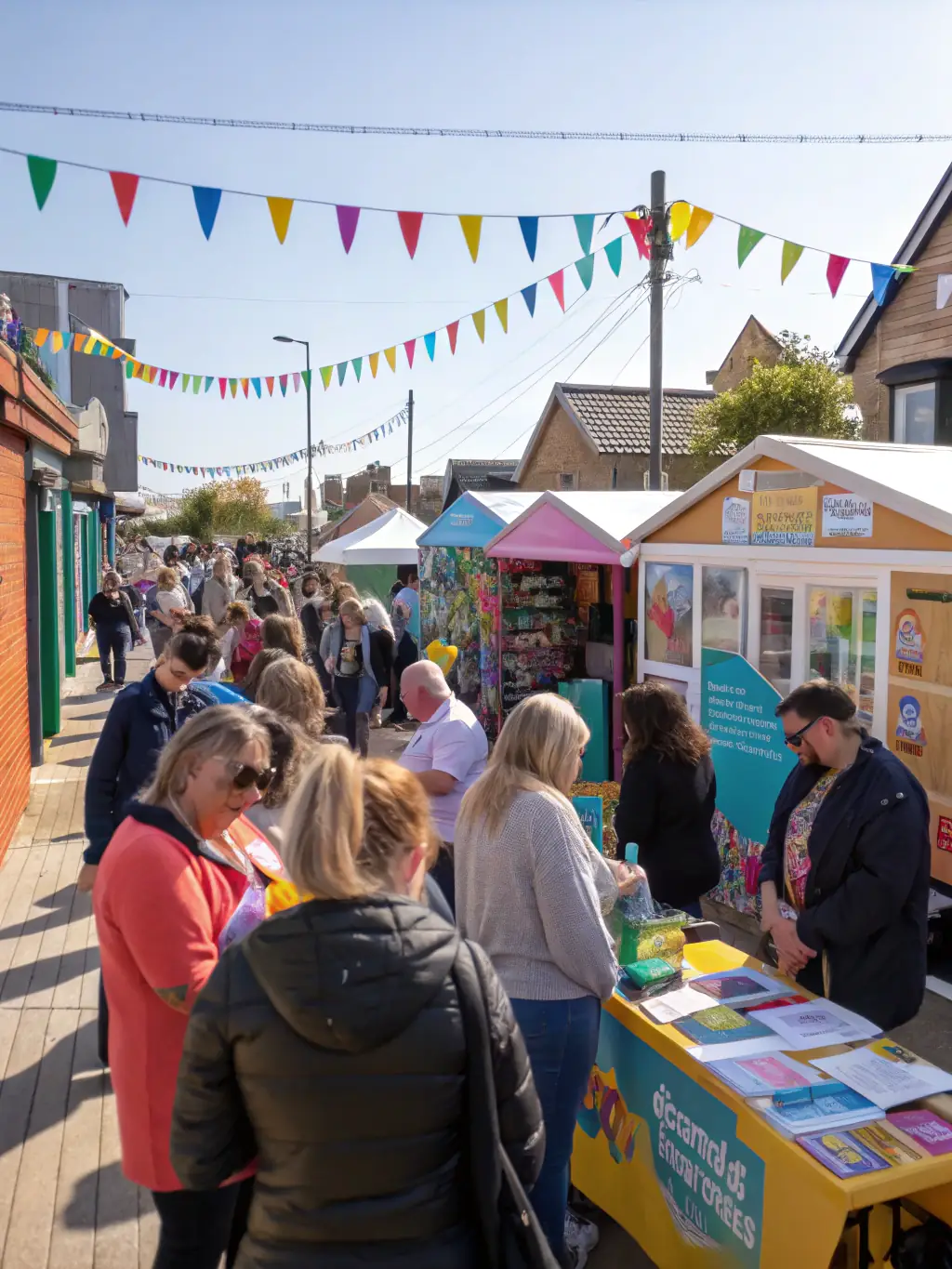 A picture of a community event celebrating the successful restoration of a local landmark, with residents gathering to enjoy music, food, and festivities.