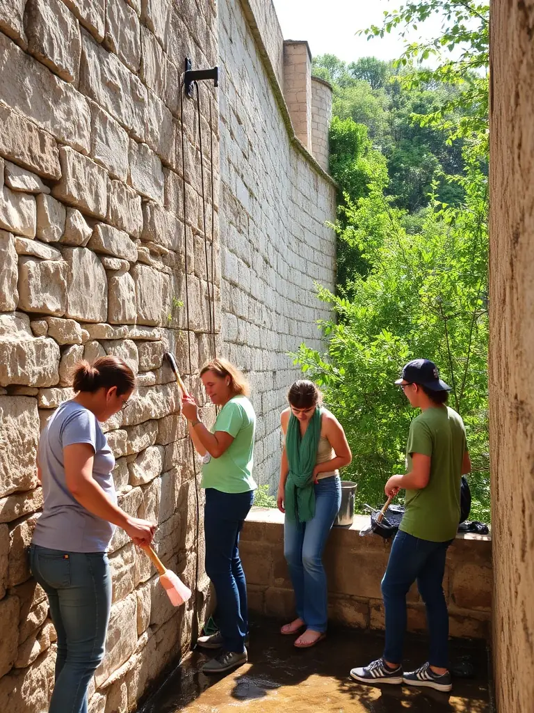 A photograph showcasing volunteers cleaning and restoring an old stone wall, demonstrating hands-on heritage preservation work in Le Lonzac.