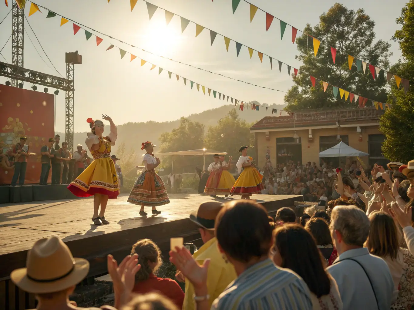 A vibrant scene from a cultural event organized by LE LONZAC PATRIMOINE, featuring traditional music, dance, and local crafts, celebrating the community's heritage.